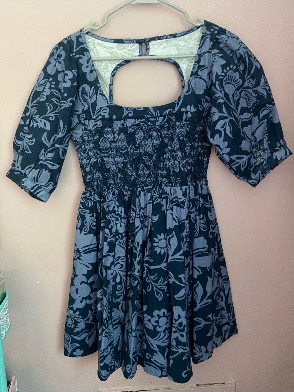 Free People Navy Blue Floral Square-Neck Mini Dress